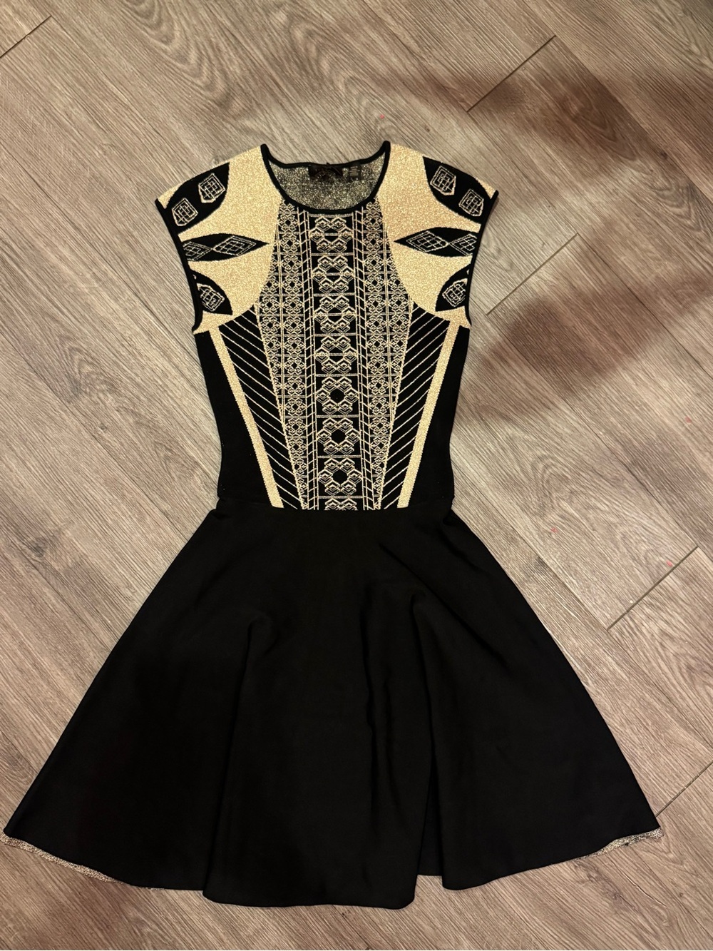 Ted Baker Black and Gold Embellished Fit-and-Flare Midi Dress